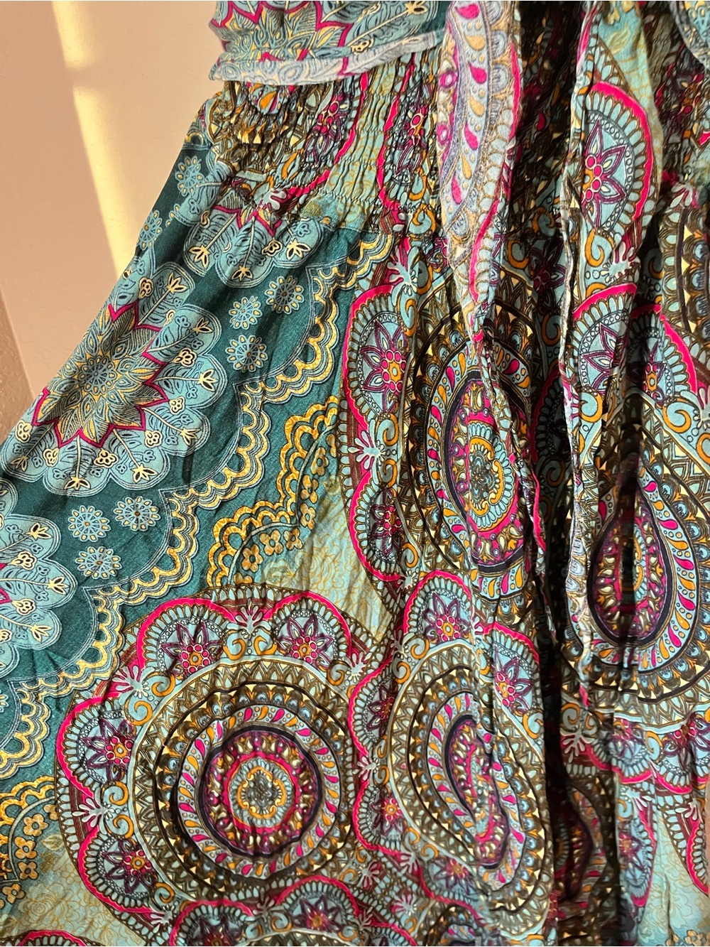 Jane Josef XS Boho Strapless Maxi Dress Teal Paisley Mandala Festival - Picture 10 of 10
